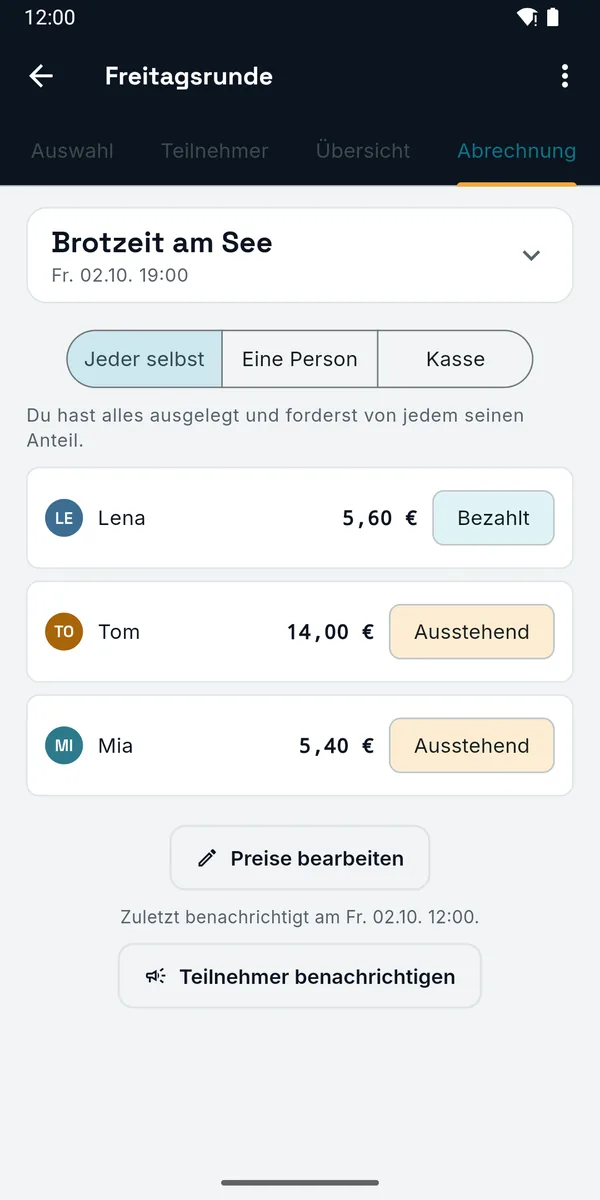 1ROUND: Abrechnung mit offenen und bezahlten Beträgen pro Person
